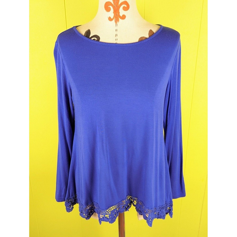 JWD Women's M Top Long Sleeve Lace Trim  Boat Neck Tunic Blouse Blue Stretch EUC